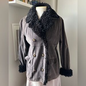 Grayish/purplish corduroy jacket with black faux fur trim
